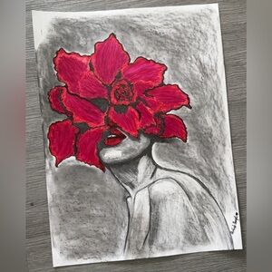 Floral Face Art Print - Red and Black